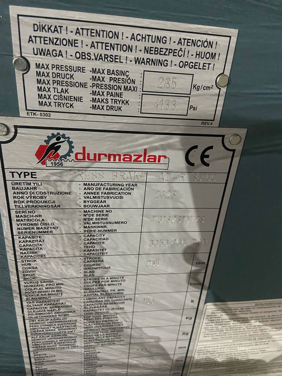 Durmazlar DURMA AD-R 30100 Гидравлический листогибочный пресс Лот 000007248
